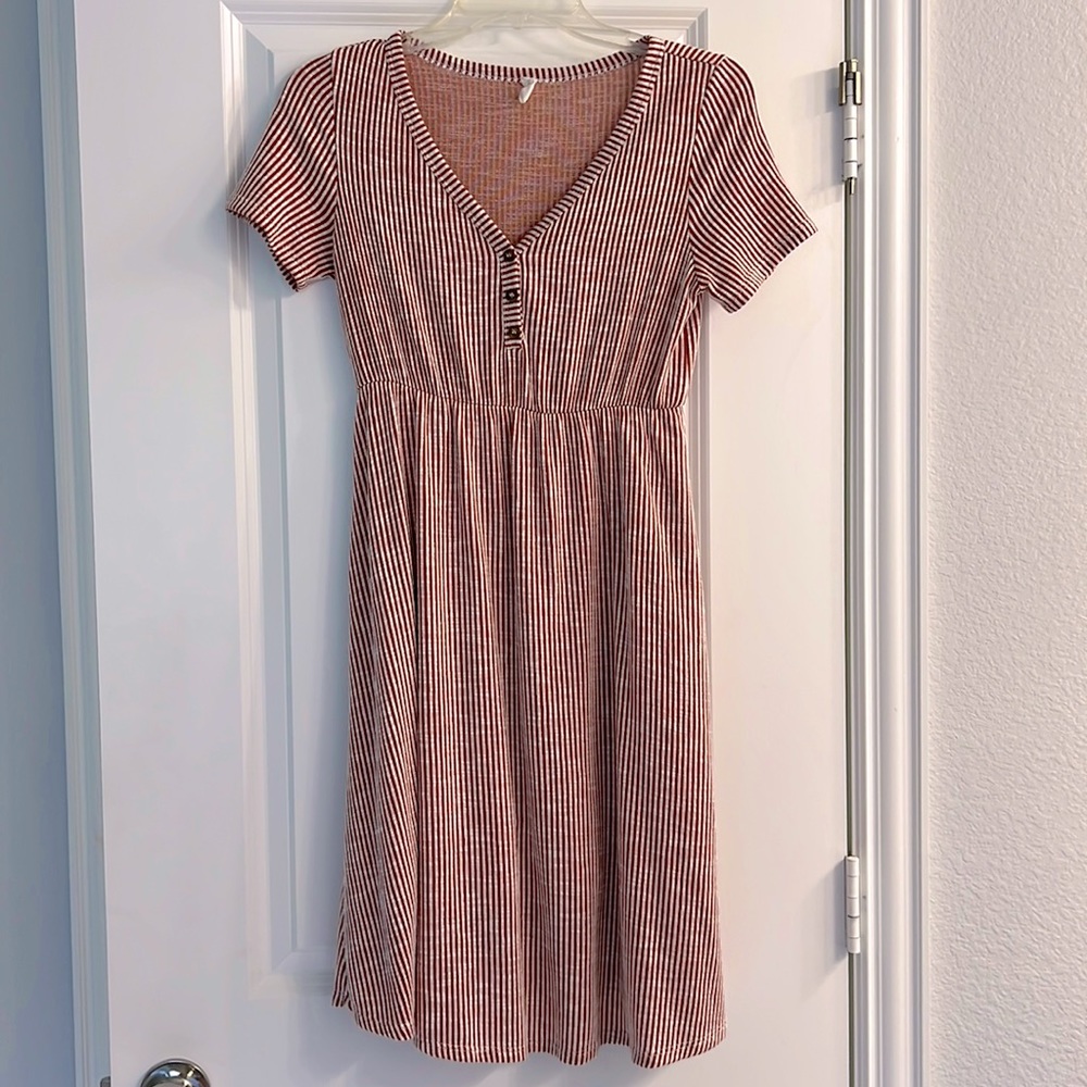 Pink Blush Maternity Dress with Burnt Orange stripes